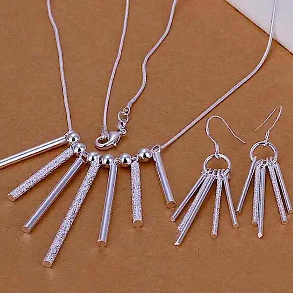 Sterling Silver Tassel Necklace Matching Earrings Set